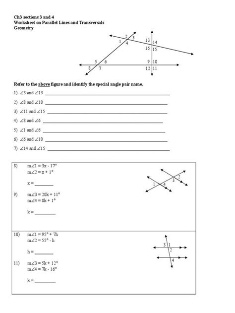 Parallel Lines Cut By A Transversal Worksheets Answers