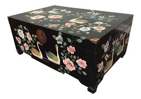 Mid Century Asian Chinoiserie Hand Painted Trunk | Painted trunk, Hand painted wooden box ...