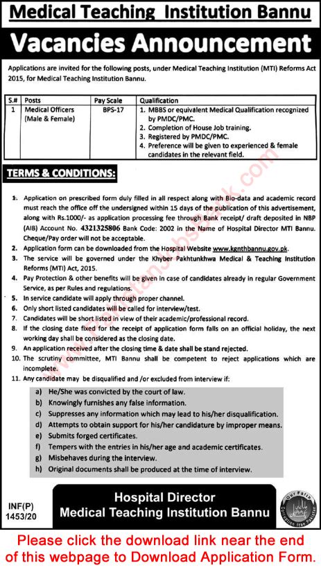 Medical Officer Jobs In Mti Bannu April May Application Form