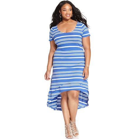 Jessica Simpson Plus Size Shortsleeve Striped Highlow Dress In Blue Lyst