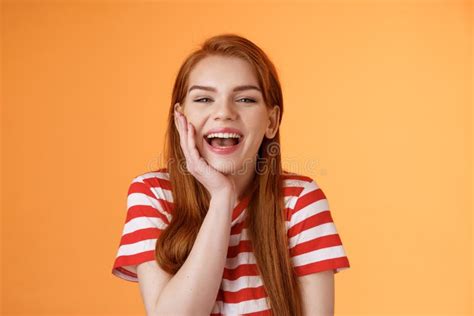 Cute Cheerful Smiling Redhead Woman Talking Friends Laughing Out Loud Happily Showing Healthy