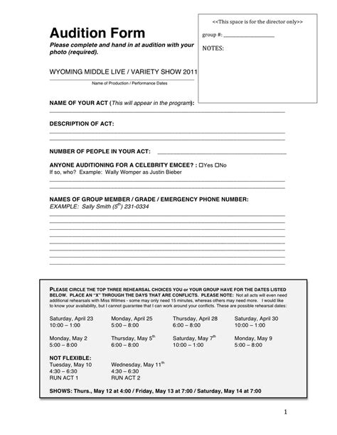Wyoming Middle School Theater Wml Audition Form