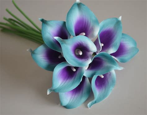 10 Teal Purple Picasso Calla Lilies Real Touch Flowers Diy Etsy