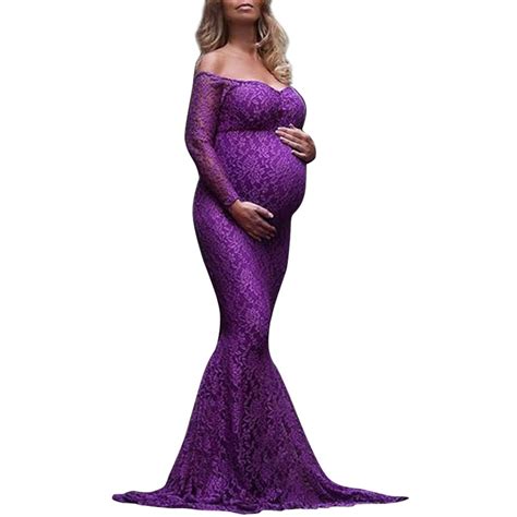 Buy Pregnant Women Mermaid Long Maxi Off Shoulder Gown Photo Shoot Maternity V Neck Lace Dress