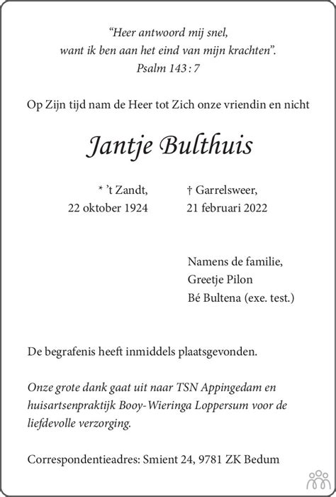 Jantje Bulthuis 21 02 2022 Overlijdensbericht En Condoleances