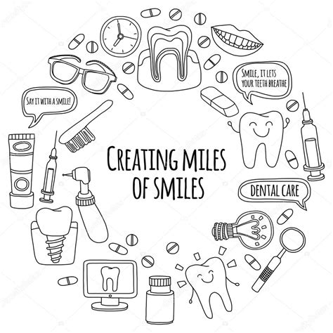 Dentistry Vector Doodle Set Of Icons Children Dental Care Stock Vector