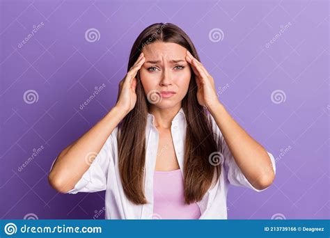 Photo Of Tired Troubled Lady Fingers Temples Suffer Headache Wear White Shirt Isolated Purple