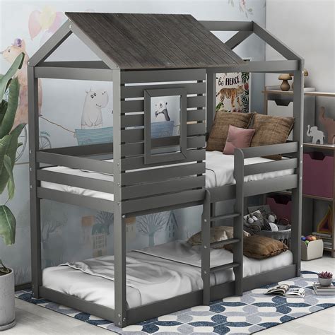 Modernluxe Twin Over Twin Low Bunk Bed With Roof And Guard Rail For