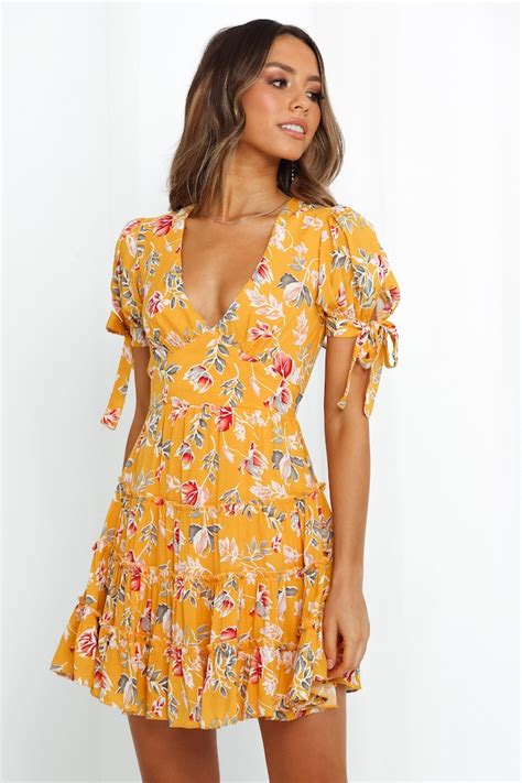 Short Summer Fit And Flare Yellow Floral Mini Dress For Women