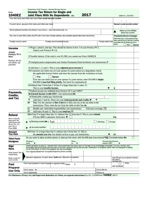 612 x 792 pts (letter) version of pdf format: Fillable Form 1040-Ez - Income Tax Return For Single And Joint Filers With No Dependents - 2016 ...