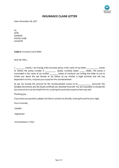 You can easily adapt the basic letter format to create your own effective demand letter. Insurance Claim Letter | Templates at allbusinesstemplates.com