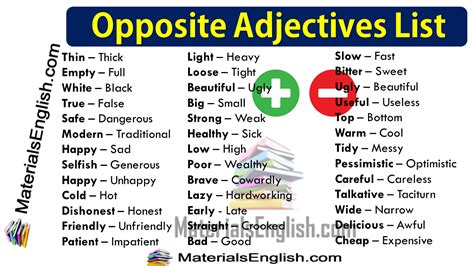 Opposite Adjectives List Materials For Learning English