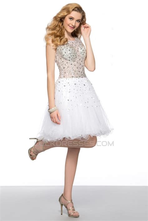 Modest Short White Beaded Prom Evening Cocktail Homecoming
