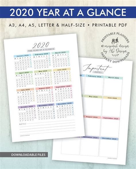 2020 Calendar Printables Year At A Glance And Dates Yearly Agenda