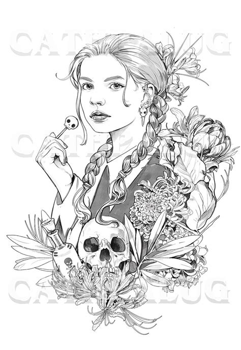 Macabre Girl Coloring Page Halloween Skull Flowers Line Art Adult