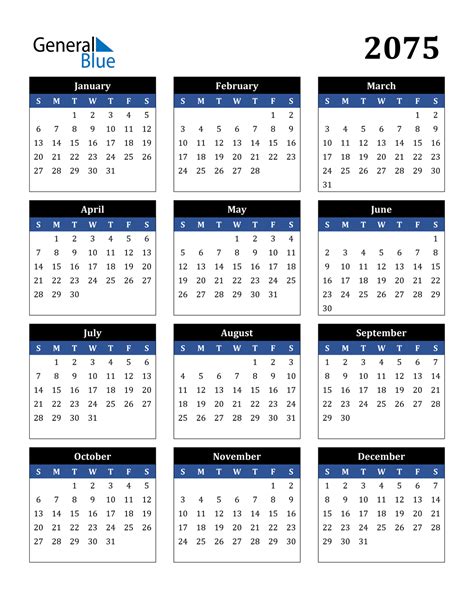 2075 Calendar Pdf Word Excel
