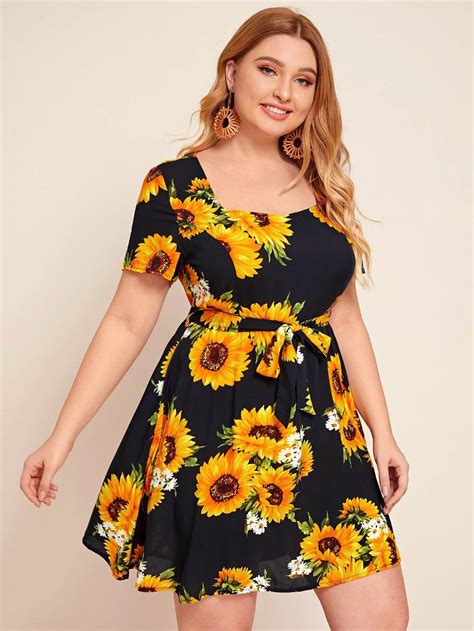 Plus Sweetheart Neck Belted Sunflower A Line Dress Shein Usa A Line Dress Maxi Dress