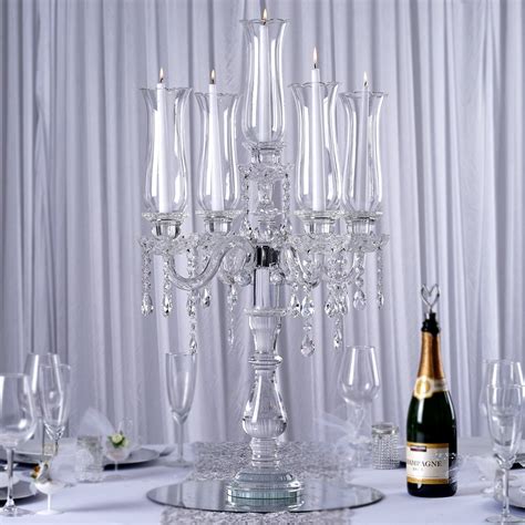 32 Tall 5 Arm Premium Hurricane Taper Crystal Glass Candle Holder