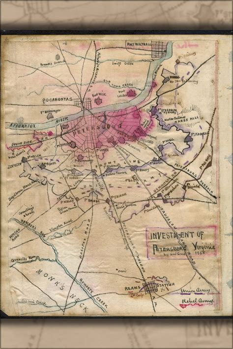 24x36 Gallery Poster Map Of Petersburg Virginia Fortifications 1865