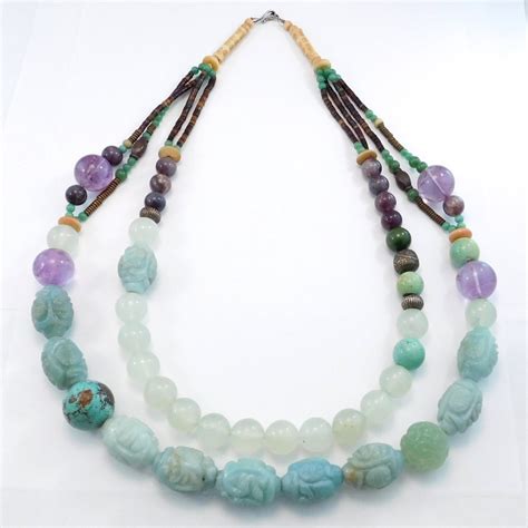 Unique Beaded Chinese Turquoise Amethyst And Carved Aventurine Necklace