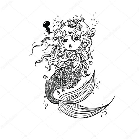 Doodle Mermaid Under The Sea Cartoon Character Stock Vector Image By