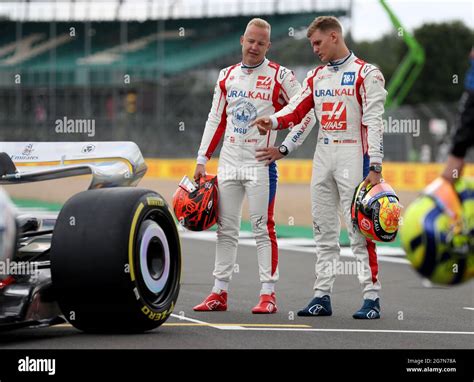 Haas Nikita Mazepin Left And Mick Schumacher Right On The Grid Ahead Of The British Grand