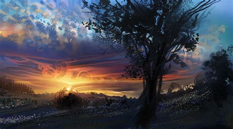 Digital Art Painting Trees Clouds Sunset Artwork Nature Field