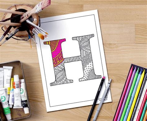 Zentangle Alphabet Coloring Pages For Adults Letter H Henna Etsy