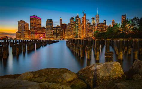 Download Wallpapers New York City Manhattan Evening Sunset Skyline