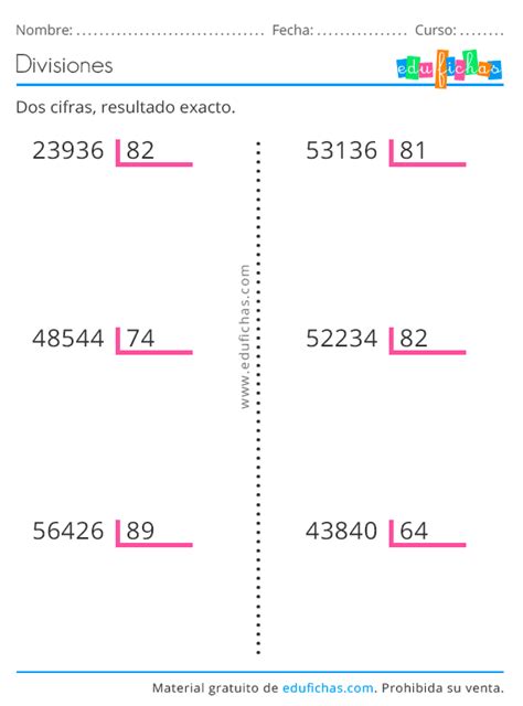 Fichas Con Ejercicios De Divisiones De Dos Cifras Con Resultados Exactos Sin Decimales