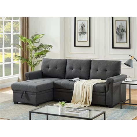 86 lucca gray linen reversible sleeper sectional sofa with storage chaise