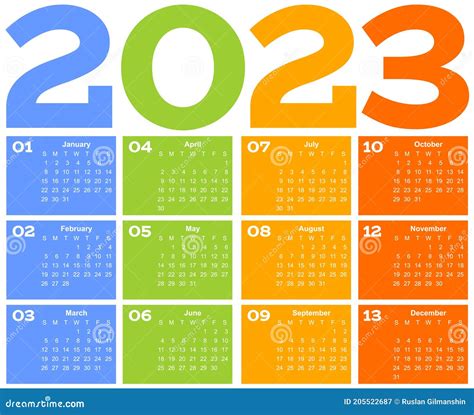 Año 2023 Calendario De Cuadrícula De Una Página Mes Multicolor Sobre