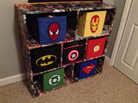 Funnily enough, life with 5 kids around instead of fully grown avengers kind of adjusts itself over time. Superhero fabric bins and comic book decoupaged cubbies ...