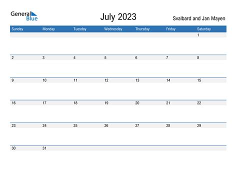 July 2023 Calendar With Svalbard And Jan Mayen Holidays