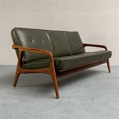 Mid Century Green Leather Teak Sofa From Casala Germany 1950s 155579