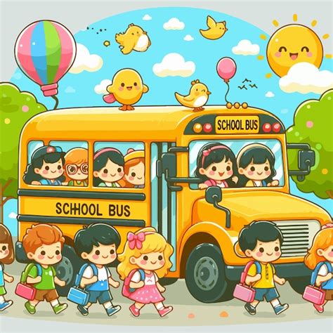 Premium Vector Vector Little Kids Boy And Girl Ride School Bus And Go