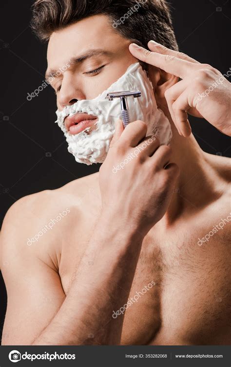 Sexy Naked Man Shaving Face Razor Isolated Black Stock Photo By