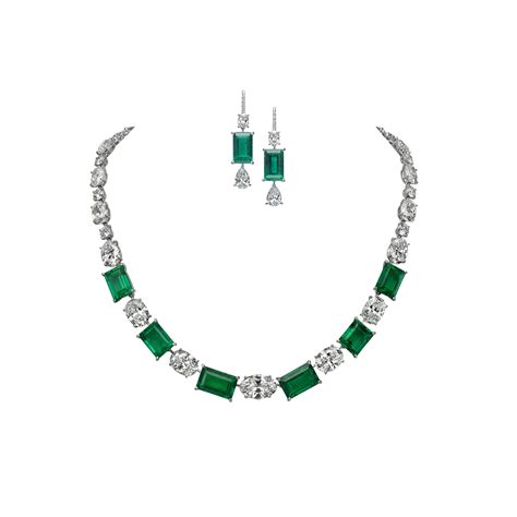 Diamond And Emerald Line Necklace And Pendant Earrings Moussaieff