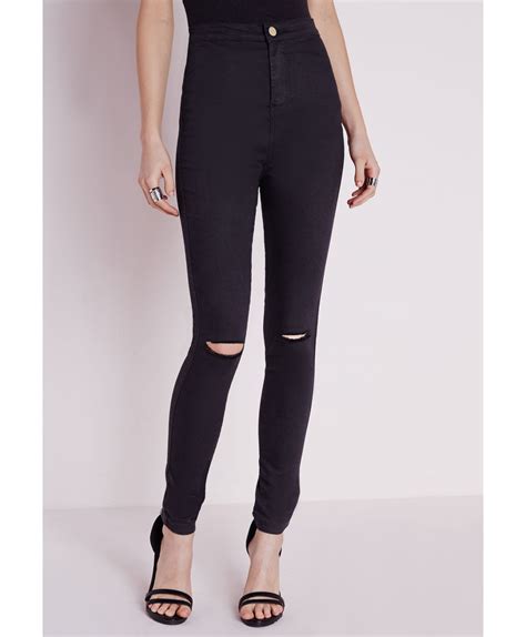 missguided high waist ripped knee skinny jeans black in black lyst