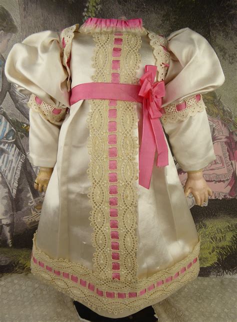 Wonderful French Ivory Silk Antique Doll Dress With Beautiful Interwoven Lace From
