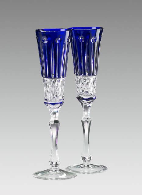 Elizabeth Champagne Flute Glasses Set Of 2 Cobalt Blue Cased Crystal Traditional Wine