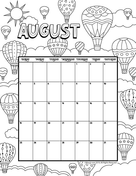 August 2019 Coloring Calendar Woo Jr Kids Activities Coloring