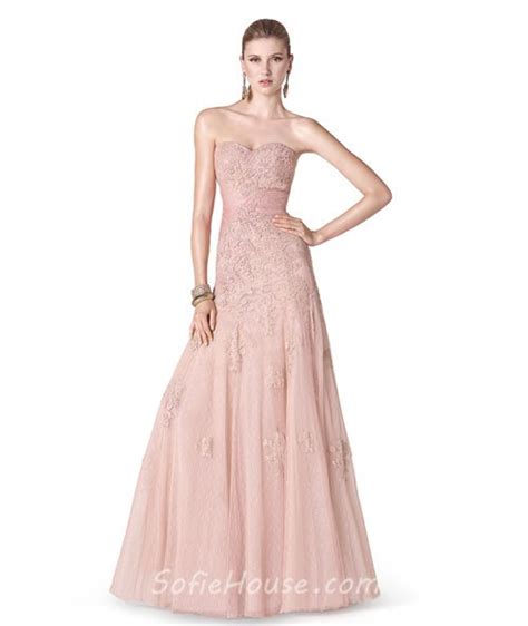 Fitted A Line Strapless Sweetheart Long Blush Pink Tulle Lace Evening