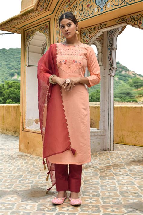 Embroidered Muslin Cotton Pakistani Suit In Peach Ucchal Fashion