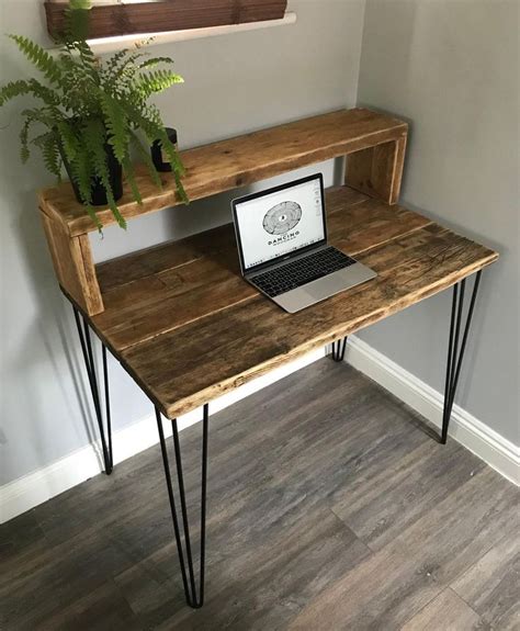Duddon Modern Rustic Wooden Desk With Shelfriser And Metal Hairpin