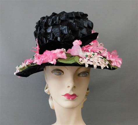 Vintage Black Straw Wide Brim Hat With Pink Flowers 1960s Dandelion