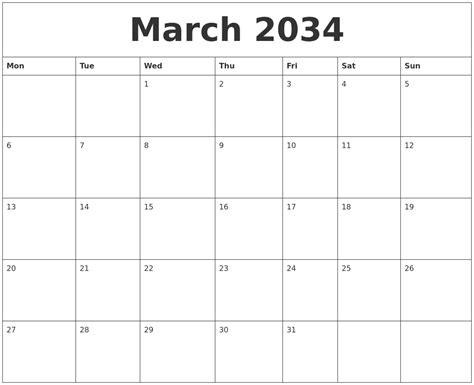March 2034 Free Printable Calendar Templates