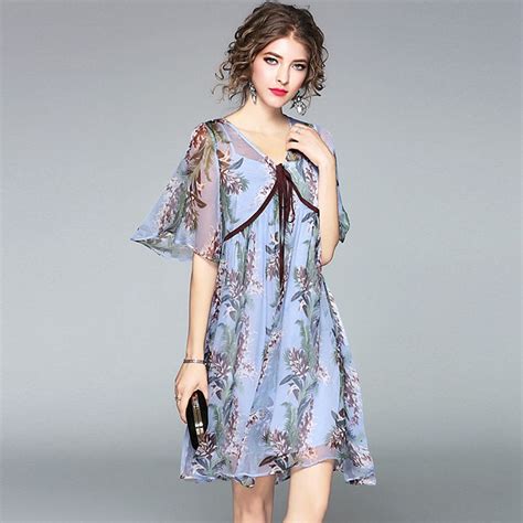 100 Silk Dress Women Print Lace Up Decoration V Neck Half Sleeves Patchwork Grade Fabric Cute