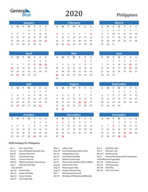 2020 Philippines Calendar With Holidays