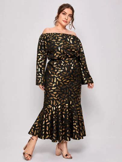 Plus Allover Feather Print Bardot Dress Dresses Dinner Gowns Fall